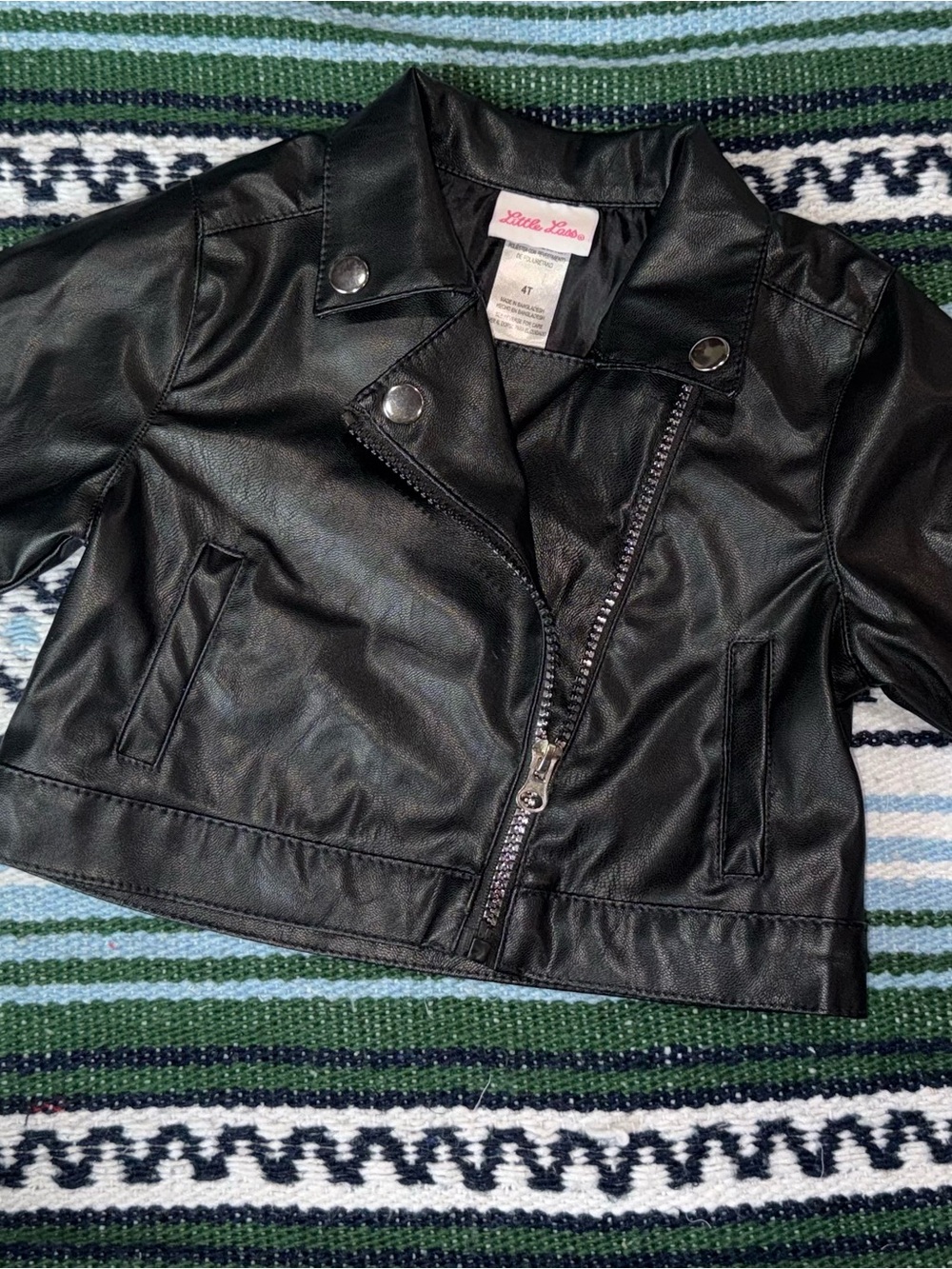 Little Lass Black Faux Leather Moto Jacket with Zipper & Snap Details